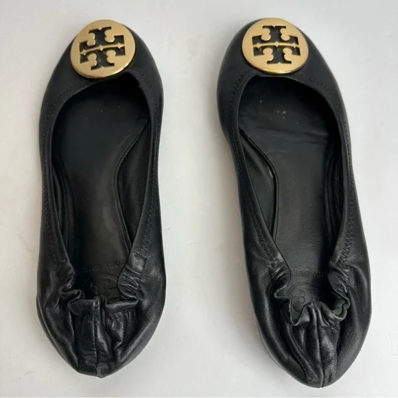 Tory Burch Ballet Flats Black Women's Size 7 Shoes Black Gold Medallion Leather - Picture 4 of 11